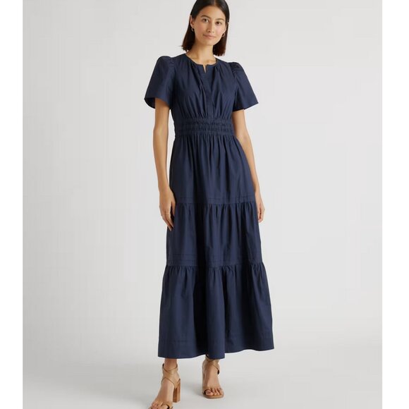 Quince 100% Organic Cotton Poplin Tiered Maxi Dress Navy XS XSmall - Picture 1 of 7